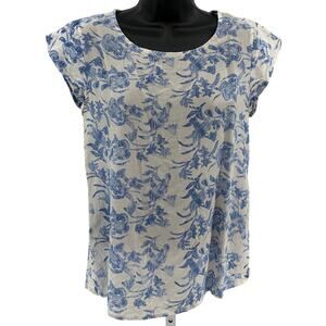 Laila & Savannah Silk Blouse WMNS XS Blue White Floral Short Sleeve Lightweight